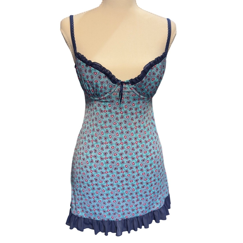 Y2K Rampage Intimates Heart Print Babydoll Chemise Blue Pink Ruffle Keyhole Back